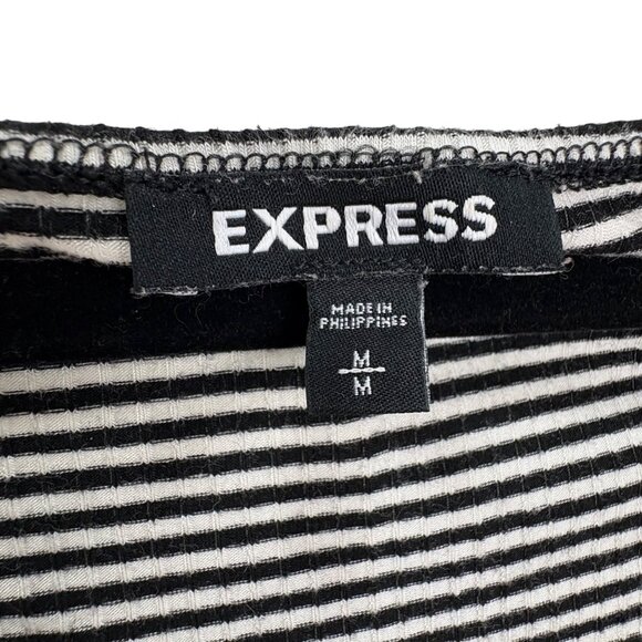 Express Black White Striped Long-Sleeve Bodysuit Med Rayon Spandex Off-Shoulder - Picture 2 of 5